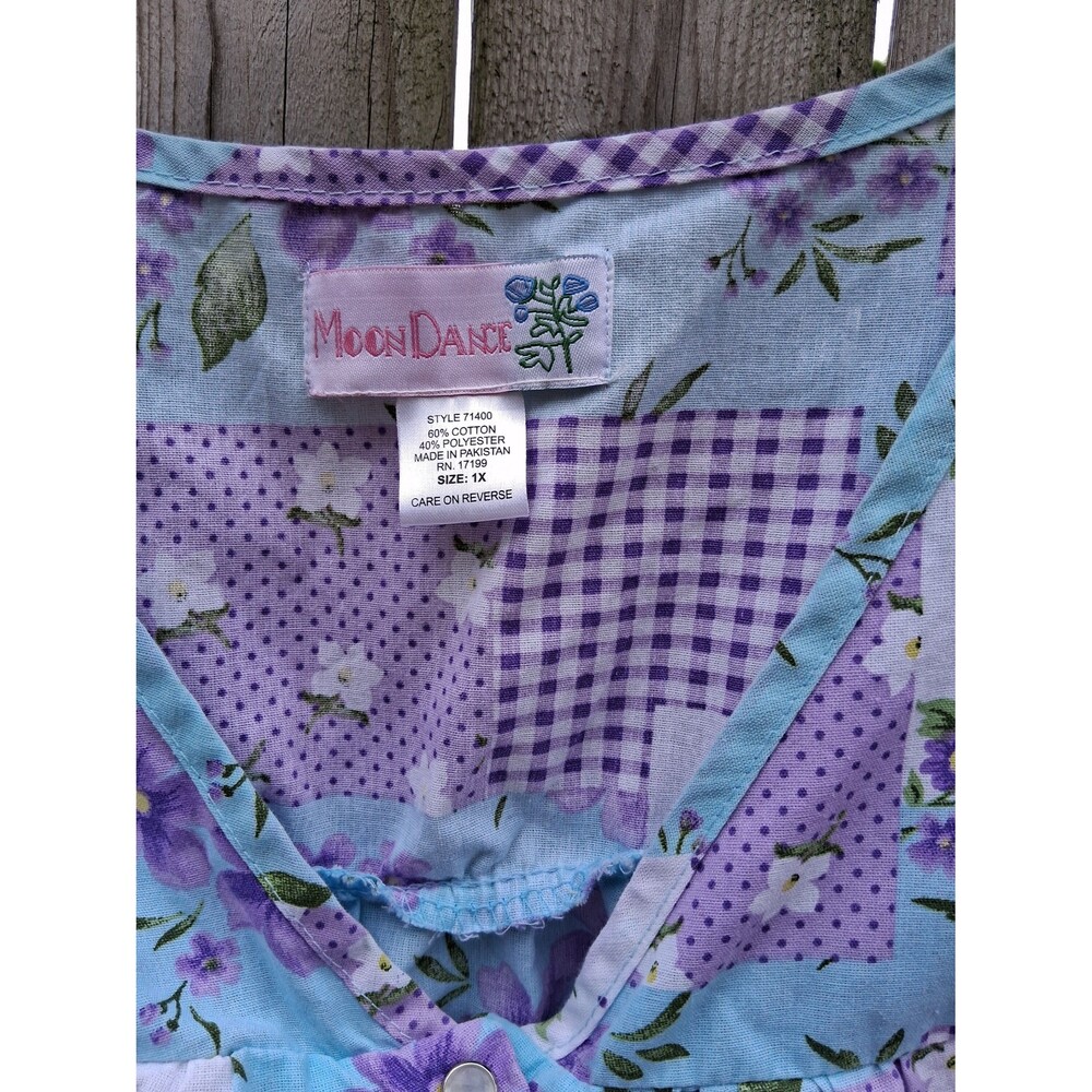 Women's Smock Apron Moo-Moo Snap-Up Purple & Blue Floral Patchwork 1X Moon Dance - Picture 4 of 6